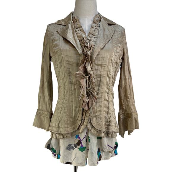 Javier Simorra Silk Jacket Tan Neutral Long Sleeves Ruffles - Picture 1 of 8